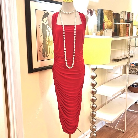CLUB L LONDON| Letitia | Red Halter Neck Ruched Bodycon Midi Dress, EUC, Size 10 - Picture 5 of 15